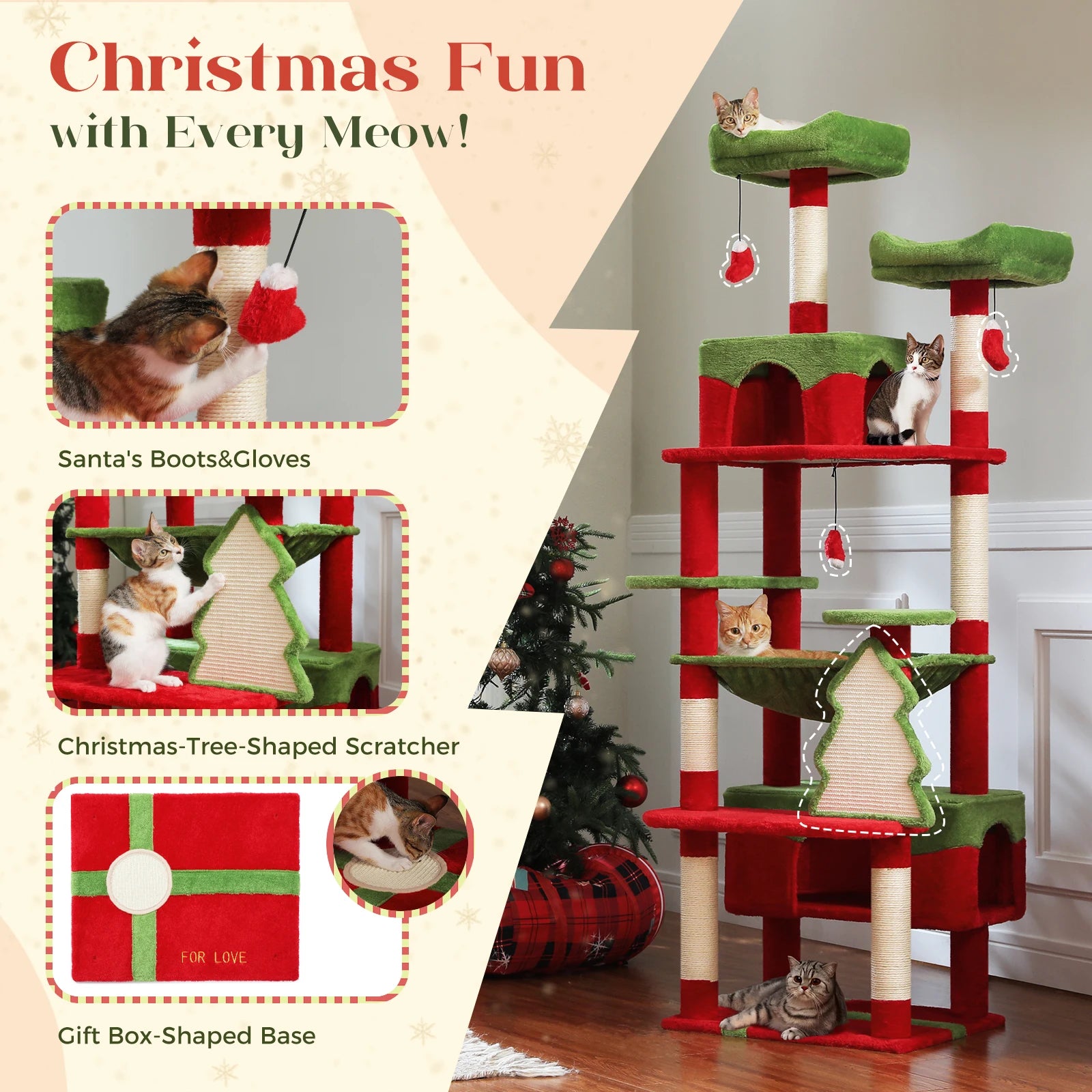 Christmas Cat Tree with Sisal Scratching Posts Pawlymals